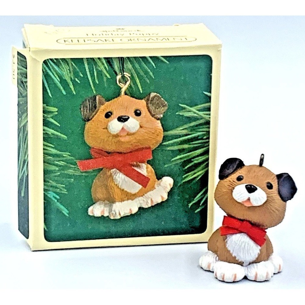 Holiday Puppy Hallmark Keepsake Ornament 1983 Dog Red Ribbon Vintage‎
